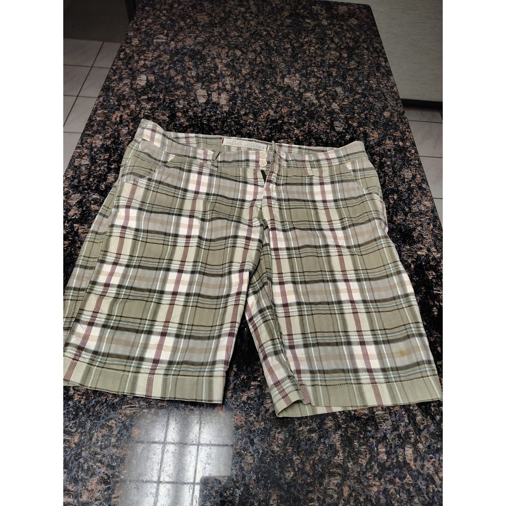 Hollister Women Sage Green Plaid Bermuda Shorts Size 9 Cotton Blend Casual